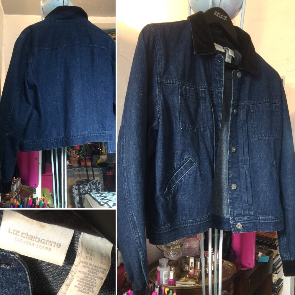 Dark Denim Jean Jacket with Velvet Cuffs & Collar